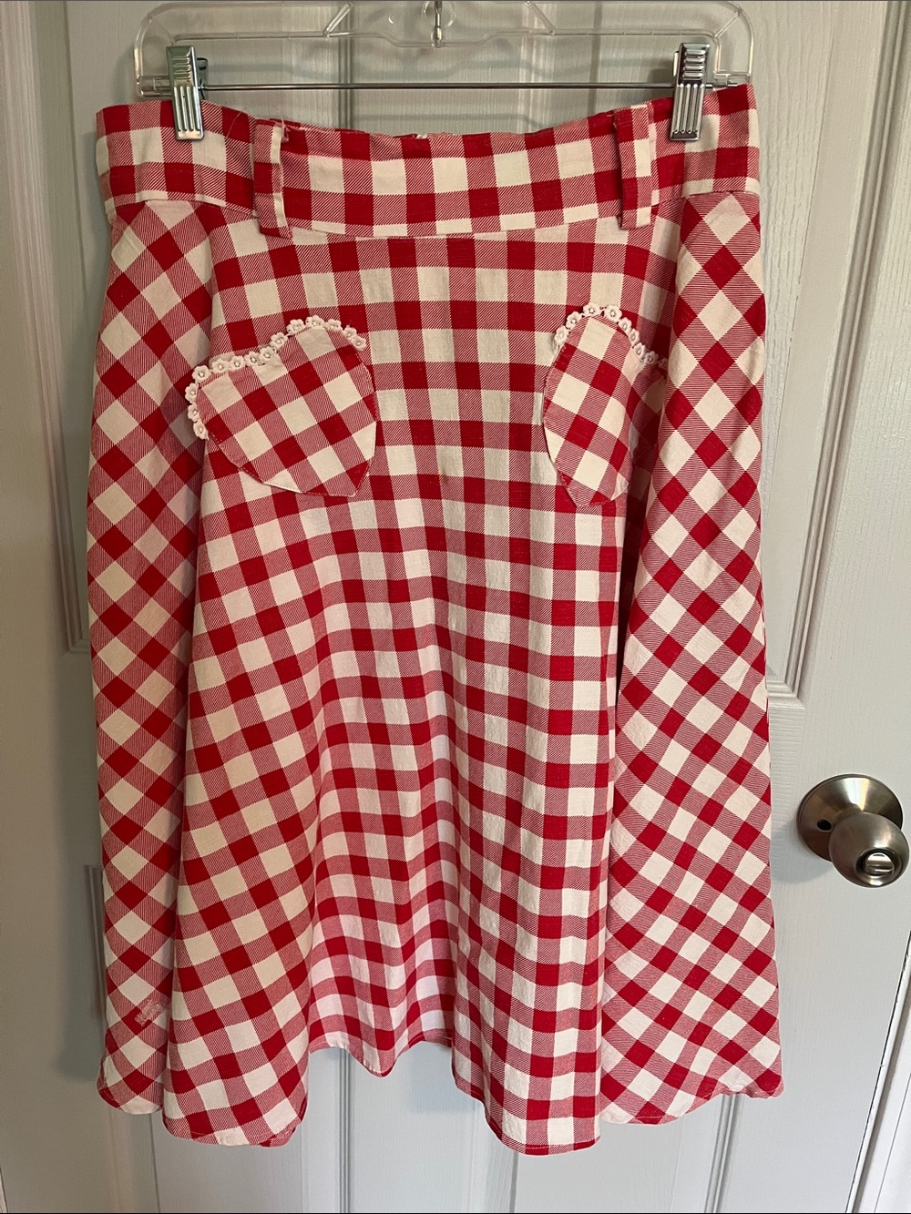 Collectif Red & White Gingham Circle Skirt with Heart Patch Pockets
